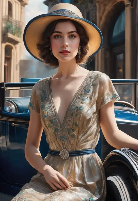 gorgeous, beautiful 19 year old girl in a beautiful dress and hat, near a shiny car from the 1920s, oil painting art, 4K, 3D rendering, evolution, intricate details, masterpiece, hyperrealism