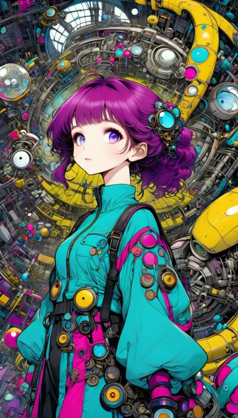 ((pay attention to the plan:1.5, General plan, all-body:1.5)), 1 beautiful girl in technical clothes, Mechanical spider, circles, fractals,(black outline art) by Yoshitaka Amano,Travis Charest. colors, land, Cyan, yellow, Unripe. magenta, violet, Cyan, Hig...