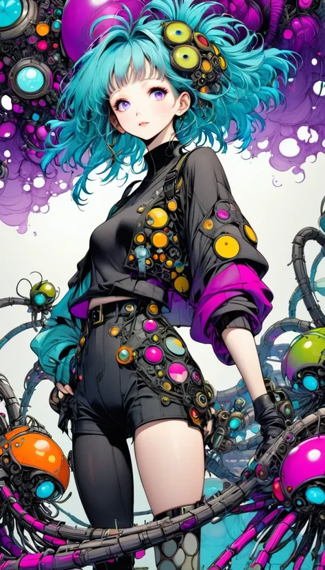 ((pay attention to the plan:1.5, General plan, all-body:1.5)), 1 beautiful girl in technical clothes, Mechanical spider, circles, fractals,(black outline art) by Yoshitaka Amano,Travis Charest. colors, land, Cyan, yellow, Unripe. magenta, violet, Cyan, Hig...