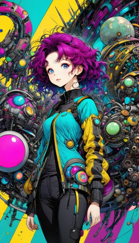 ((pay attention to the plan:1.5, General plan, all-body:1.5)), 1 beautiful girl in technical clothes, Mechanical spider, circles, fractals,(black outline art) by Yoshitaka Amano,Travis Charest. colors, land, Cyan, yellow, Unripe. magenta, violet, Cyan, Hig...