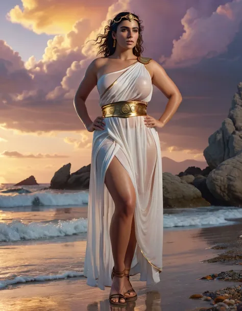 a beautiful busty Greek goddess dressed in a sheer wet toga with a gold belt and leather sandals, holding a trident, standing on a beach at sunset with colorful clouds and rocks in the background, detailed face and body, cinematic lighting, highly detailed...