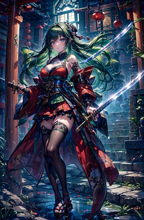 ((Yamata no Orochi personified))) (Beautiful trainee), Snake print tights, (((Japanese style gothic lolita))) (Dark green hair), ( (Holding a Japanese sword Novl AI))