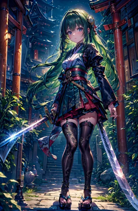 ((Yamata no Orochi personified))) (Beautiful trainee), Snake print tights, (((Japanese style gothic lolita))) (Dark green hair), ( (Holding a Japanese sword Novl AI))