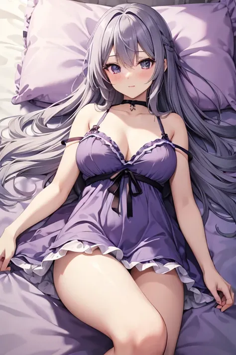 Adult Anime Girl 2d Long Hair Loose light Purple-Grayish, Age Adulthood adult, in sexy two pieces babydoll lying over the bed