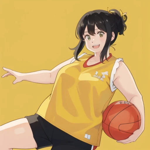 b4sk3t, 1 fat girl," black hair", "yellow shirt", sleeveless, red short shorts, smiling, ball