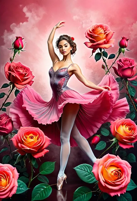 a portrait of female classical ballet prima ballerina dancer in the ((middle of a blossoming rose)), a full body picture ((anatomically correct: 1.5)) of a exquisite beautiful female dancer wearing silk evening dress, intricate dress dynamic hair color, dy...