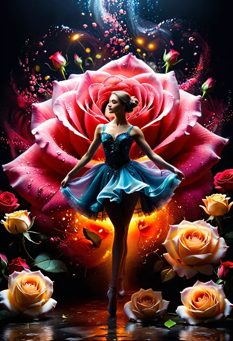 a portrait of female classical ballet prima ballerina dancer in the ((middle of a blossoming rose)), a full body picture ((anatomically correct: 1.5)) of a exquisite beautiful female dancer wearing silk evening dress, intricate dress dynamic hair color, dy...