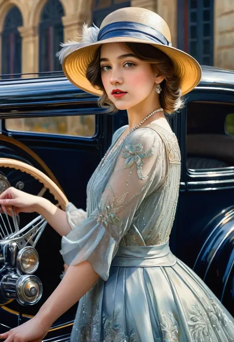 gorgeous, beautiful 19 year old girl in a beautiful dress and hat, near a shiny car from the 1920s, oil painting art, 4K, 3D rendering, evolution, intricate details, masterpiece, hyperrealism