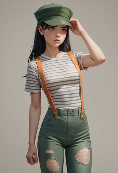 woman, slim, striped shirt, green hat, orange suspenders, khaki pnats, ripped pants, black hair, long hair, 3d