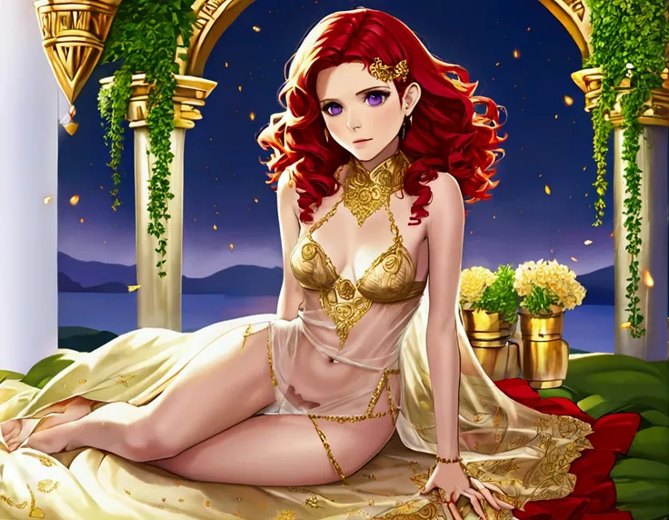 Kate Mara, age 25 (sun elf, almond skin, fire red hair curly, over large violet eyes, sheer golden silk gown with intricate embroidery, no underwear) doing a ritual dance to greet the sun, ivy covered shrine