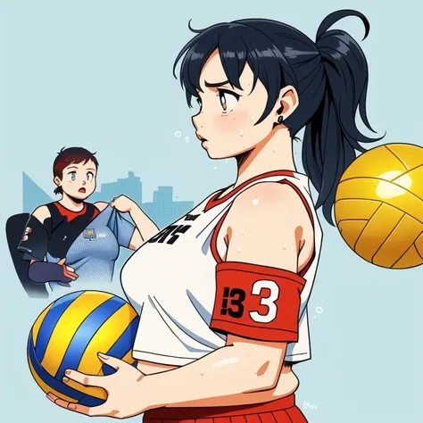 hotify,white pupils,volleyball,tomboy,tan,short hair,armband,volleyball uniform,blue tank top,1fat girl, body plus, big belly, highres,gym,from side,shirt lift,polka dot background,sweat,holding ball,upper body plus ,indonesian commentary,earrings