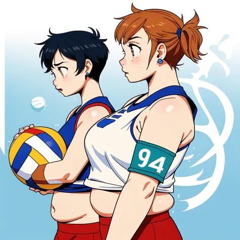 hotify,white pupils,volleyball,tomboy,tan,short hair,armband,volleyball uniform,blue tank top,1fat girl, body plus, big belly, highres,gym,from side,shirt lift,polka dot background,sweat,holding ball,upper body plus ,indonesian commentary,earrings