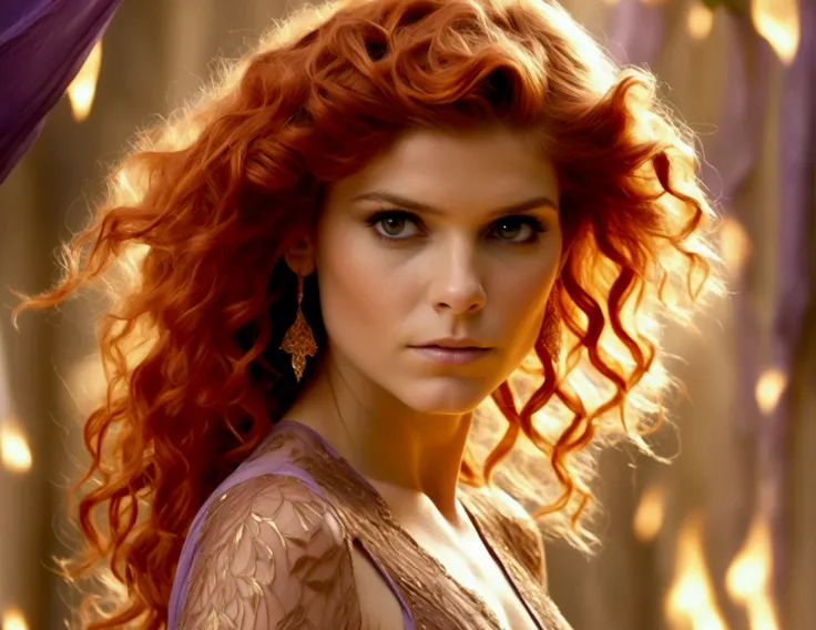 Kate Mara, age 25 (sun elf, almond skin, fire red hair curly, over large violet eyes, sheer golden silk gown with intricate embroidery, no underwear) doing a ritual dance to greet the sun, ivy covered shrine
