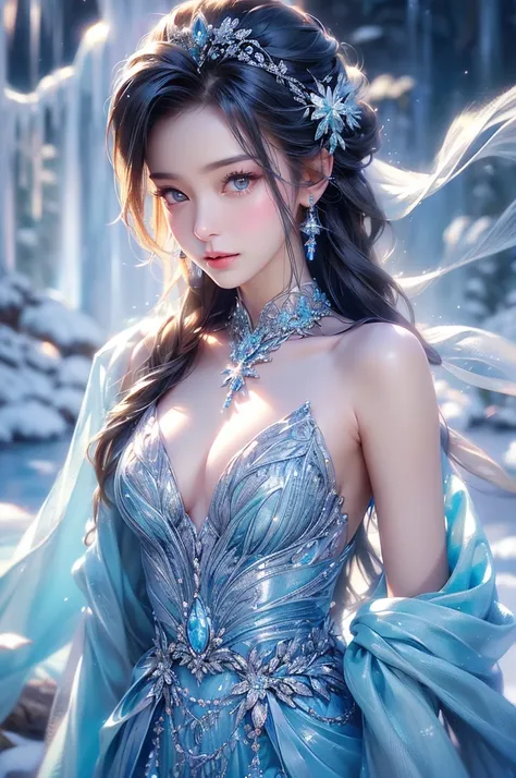 (Upper body photo:1.5)、dutch angle. wood, Exquisite mini ice spikes and crystals, A frozen waterfall in the background, Light reflected by ice crystals, Flowing snowflakes.1 girl、pretty girl,A realistic person,Beautiful cleavage,((small breasts)),Thin legs...