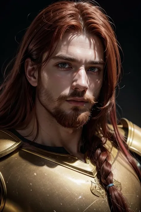 man, thin beard, red-haired, long hair, wearing a golden armor, 8k, epic lighting, best quality