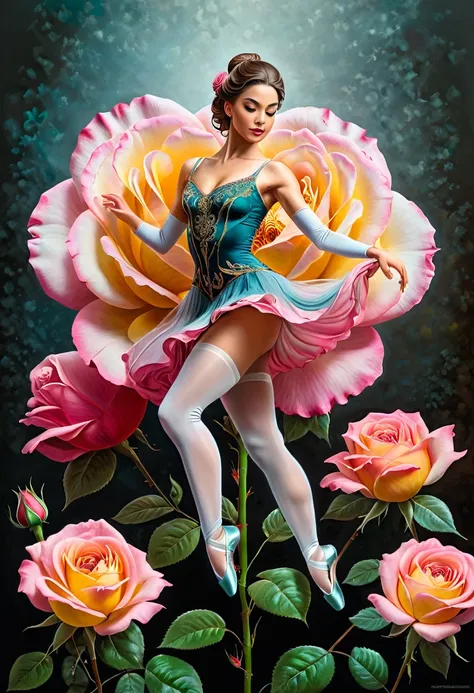 a portrait of an epic rose that has a female classical ballet prima ballerina dancer in the ((middle of a blossoming rose)), a full body picture ((anatomically correct: 1.5)) of a exquisite beautiful female dancer wearing silk evening dress, intricate dres...