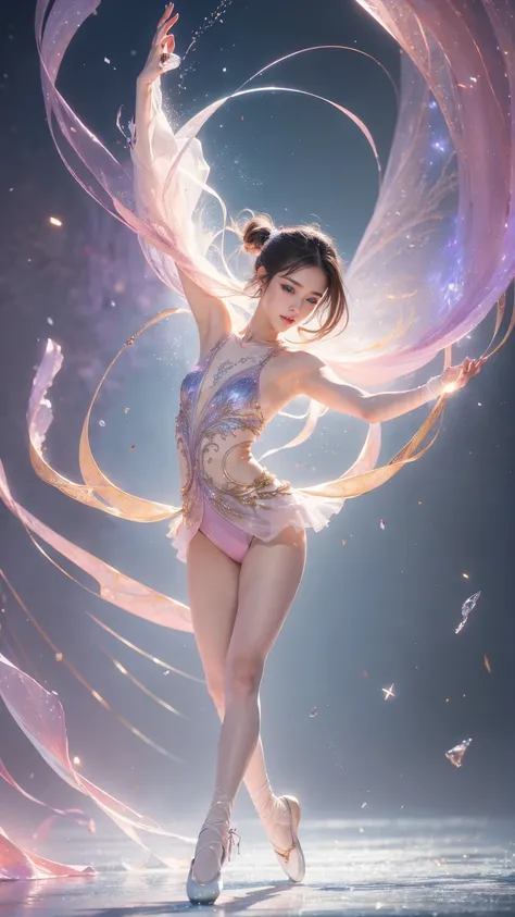 ((Paris Olympic background)), ((Full body)), (((perfect anatomy))),(((Ulzan 6500))),Dynamic portraits、Capture a beautiful Japanese skating ballet dancer in the middle of a leap, Frozen in breathtaking moments of elegance. The subjects graceful poses and fl...