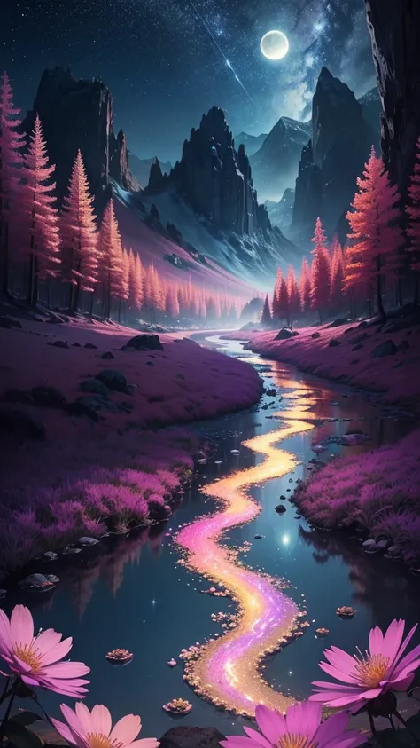 A beautiful darkish night,sky filled with stars, beautiful blue colour flower field,landscape, full beautiful moon,ultra realistic 8k quality,　　　　　　Hot water spring, cliff, Wave, Milky, (Photoluminescence), Fantasy, of course, Cinematic RAW photograph, hyp...