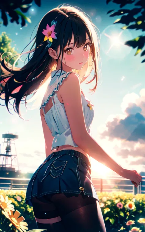 Front facing, facing this way、
Gal&#39;s more beautiful smile、
More cute casual summer outfits、Cute mini skirt、
More beautiful thighore beautiful colorful pantyhose、
Beautiful dark clouds, (Cowboy Shot:1.4), Beautiful and realistic, 
Beautiful masterpiece,...