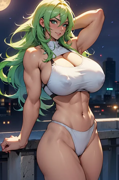 Perfect CG unity 8K UHD wallpaper( Latina girl with ((((( huge fake breasts：40.7 ))))) cleavage showing bodybuilder toned muscular body, pale skin, long dyed green hair, vibrant and shining eyes in the moonlight, long detailed eyelashes) seductive sexy smi...