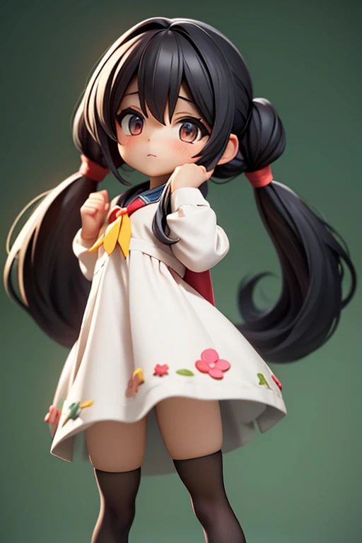 young girl,,primary school students,wear a dress,black hair,long hair, low twin tails