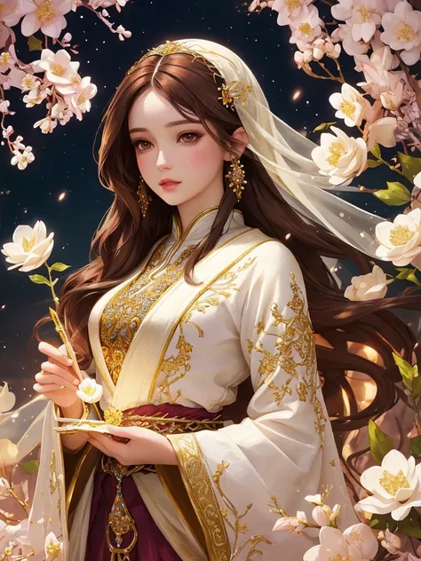 Dazzling colorful lights,Intricate details,whole like , brown hair with crystal details,Beautiful woman,There are white flowers in her hair,Pale skin,Light background,Fantasy art style,Kawajiri&#39;s wonderful illustrations,pastel colour,Inspired by anime ...