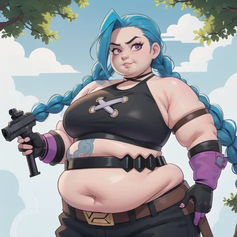 Fat JinxLol,mature  female,1 fat girl, SSBBW, solo,looking at viewer, navel, gloves, fingerless gloves, character name, midriff, bare shoulders, looking at viewer, gun, crop top, belt,outdoors,  