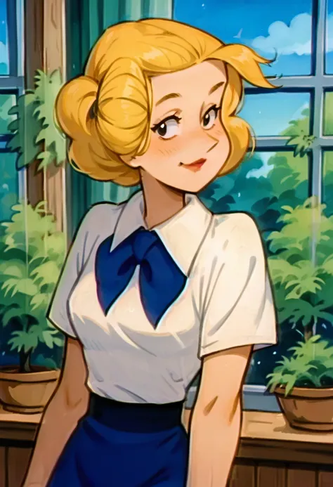 score_9, score_8_up, score_7_up, alice mitchell, blonde hair, white blouse with a blue ribbon, blue skirt, looking at viewer, sm...