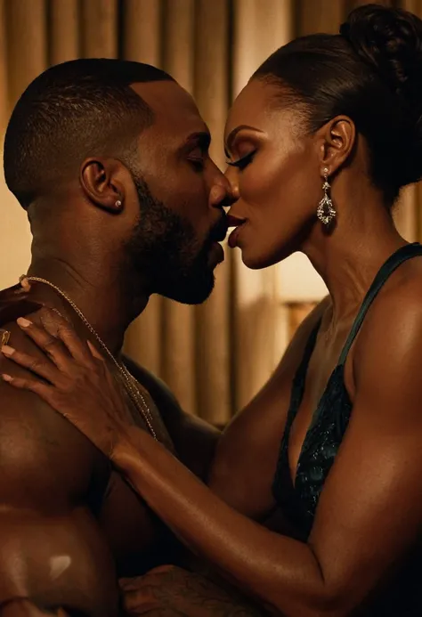 Julia Ann and a handsome African American male whose facial features are a combo of Charles Michael Davis + Omari Hardwick + Idris Elba share a steamy kiss inside a bedroom lit only by candlelight. Julia has lovely makeup on her face. Nighttime. Romantic a...