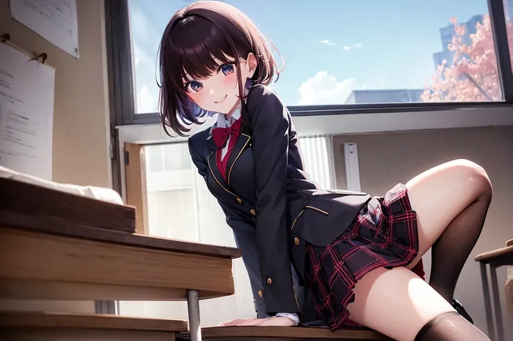 (masterpiece, Best Quality: 1.2), Alone, A girl, he has cultivated four, smiling, Observation viewer, Session, , black jacket, plaid skirt, ((Panchira)), thigh high socks, classroom