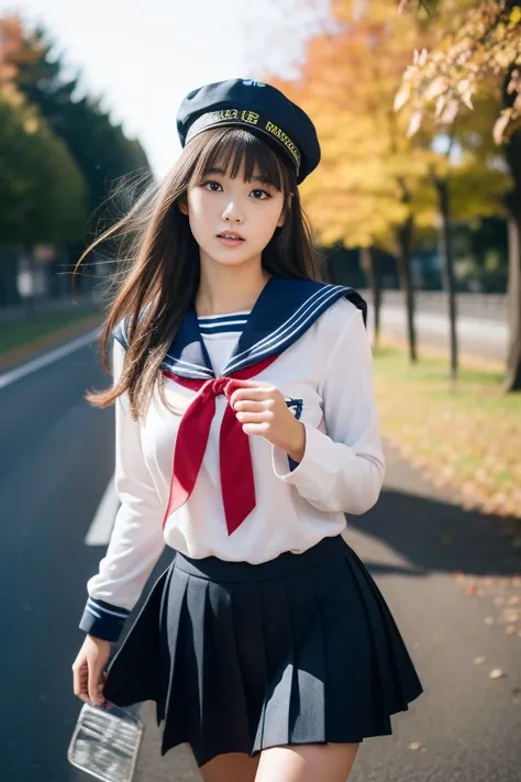 (​masterpiece, top-quality, Hi-Res), A Japanese Lady,Late teens、 1girl in, Idol cuteness:1.5, Beautiful face:1.5、bob、Dark brown hair、 Hair fluttering in the wind、Sense of cleanliness、perspiring、Girls High  for Autumn　Autumn use, Holding one student bag、sol...