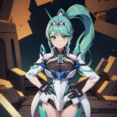 masterpiece, highest quality, one girl, alone, pneumadef, ponytail, tiara, earrings, chest jewels, armor, gloves, hands on hips,...