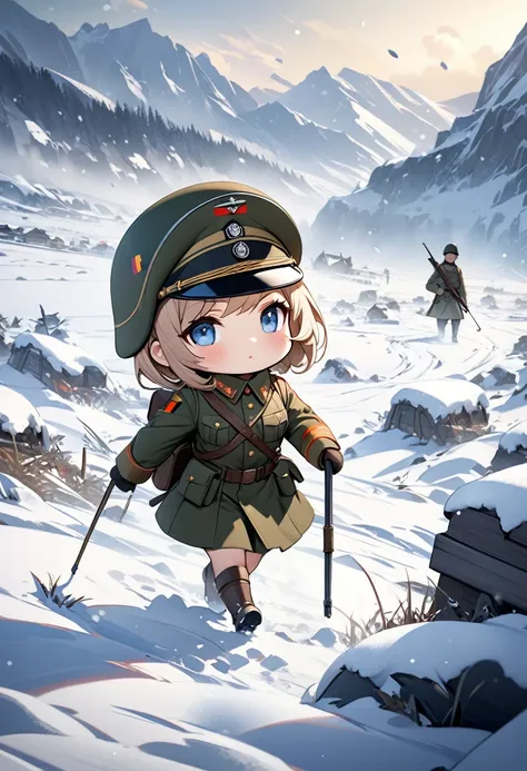 
Landscape paintings drawn with ultra-high resolution digital paintings,Depicting the winter battlefield scenery of World War II,(A Extremely Chibi style girl soldier from the former German army is walking alone through a snowy battlefield:1.5) .A beautifu...