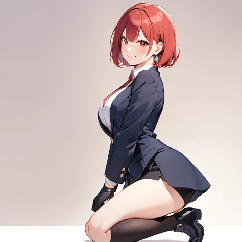 One Girl、最high quality、high quality、masterpiece((masterpiece, 最high quality:1.2), bazett, One girl, alone, short hair, Redhead, bangs, Red eyes, Large Breasts, Black gloves, Formal suit, tie, Jacket, Earrings,View your viewers, Dynamic pose、View your viewe...