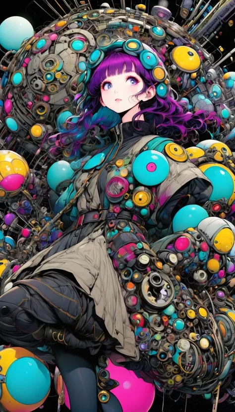 ((pay attention to the plan:1.5, General plan, all-body:1.5)), 1 beautiful girl in technical clothes, Mechanical spider, circles, fractals,(black outline art) by Yoshitaka Amano,Travis Charest. colors, land, Cyan, yellow, Unripe. magenta, violet, Cyan, Hig...