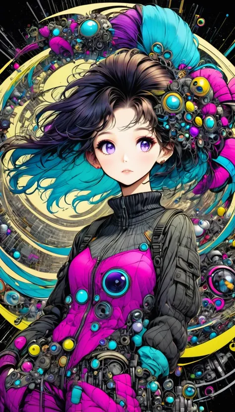 ((pay attention to the plan:1.5, General plan, all-body:1.5)), 1 beautiful girl in technical clothes, Mechanical spider, circles, fractals,(black outline art) by Yoshitaka Amano,Travis Charest. colors, land, Cyan, yellow, Unripe. magenta, violet, Cyan, Hig...