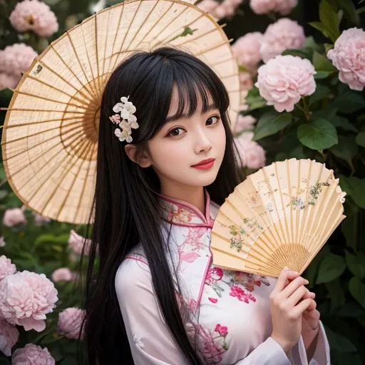 best quality, Delicate face，beautiful visual work, lifelike,  eternity, black hair, Long curly hair, blunt bangs, Smile, 在flower园里, flower, Detailed Background,  Delicate face，pink blush，cold，((masterpiece))、(top quality)、8k、high detail、Super detailed，21 y...