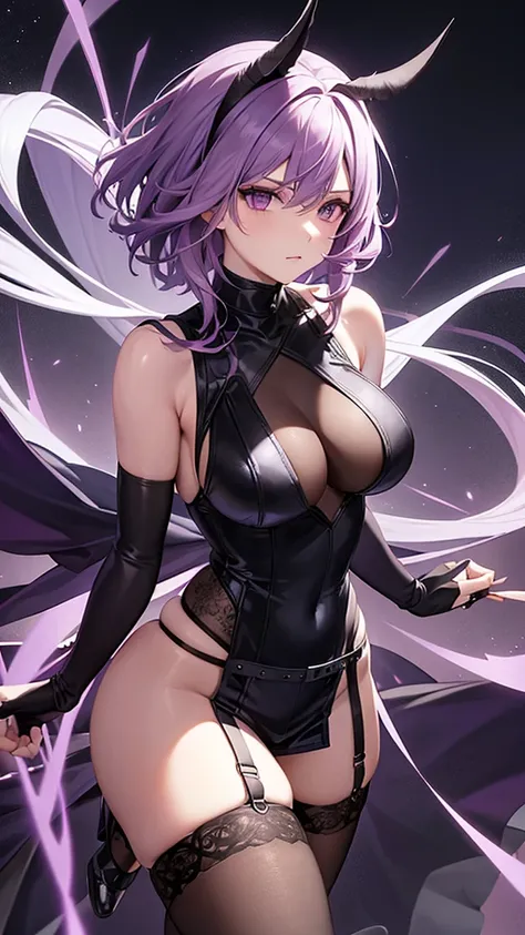 Short, light purple hair.Eyes: Light purple eyes.Outfit:A black, sleeveless bodysuit with a deep v-neck.Black stockings with a garter belt.Fingerless gloves.Accessories:Blue flowers attached to the outfit.Claw-like weapons on the right hand.Background:A tw...