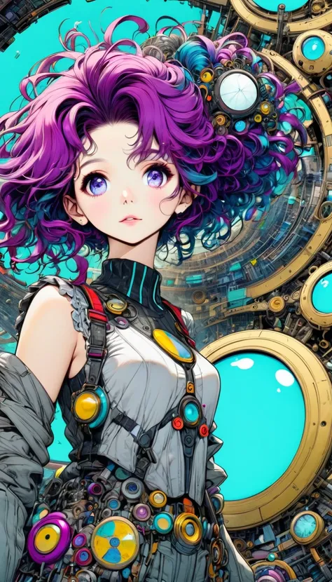 ((pay attention to the plan:1.5, General plan, all-body:1.5)), 1 beautiful girl in technical clothes, Mechanical spider, circles, fractals,(black outline art) by Yoshitaka Amano,Travis Charest. colors, land, Cyan, yellow, Unripe. magenta, violet, Cyan, Hig...