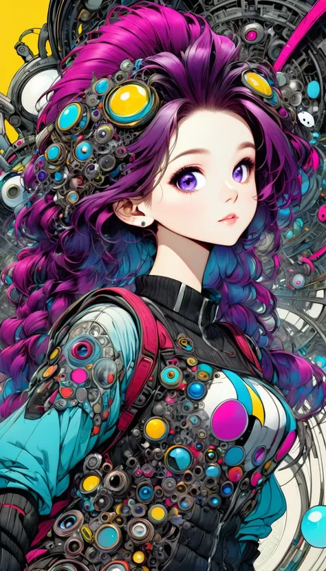 ((pay attention to the plan:1.5, General plan, all-body:1.5)), 1 beautiful girl in technical clothes, Mechanical spider, circles, fractals,(black outline art) by Yoshitaka Amano,Travis Charest. colors, land, Cyan, yellow, Unripe. magenta, violet, Cyan, Hig...