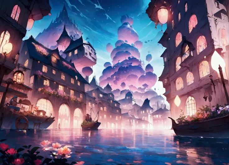 color (Dream Story: 1.2), (hayao miyazaki style), (irregular buildings, Things that float on the sea), patchwork hat, Floral decoration, Light, Concept drawing inspired by Andreas Rocha, Artstation Contest Winners, Dream Story-Kunst, (an underwater city), ...