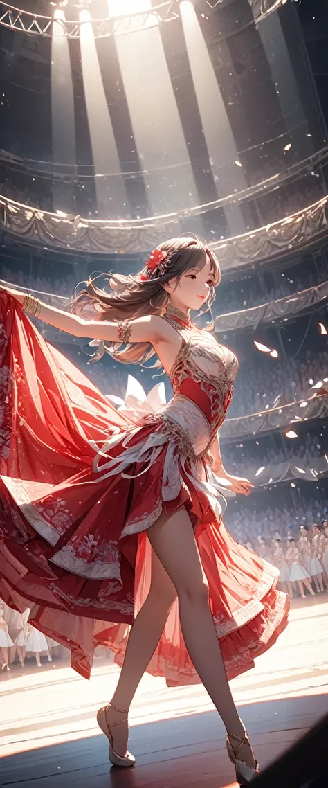 Long-haired dancer wearing red gauze skirt.white ribbon.Classical and elegant dance costumes.Dancing on the stage.Beautiful and extremely textured foreground and background，detailed, bright, Animation style high definition and high quality presentation((Ma...