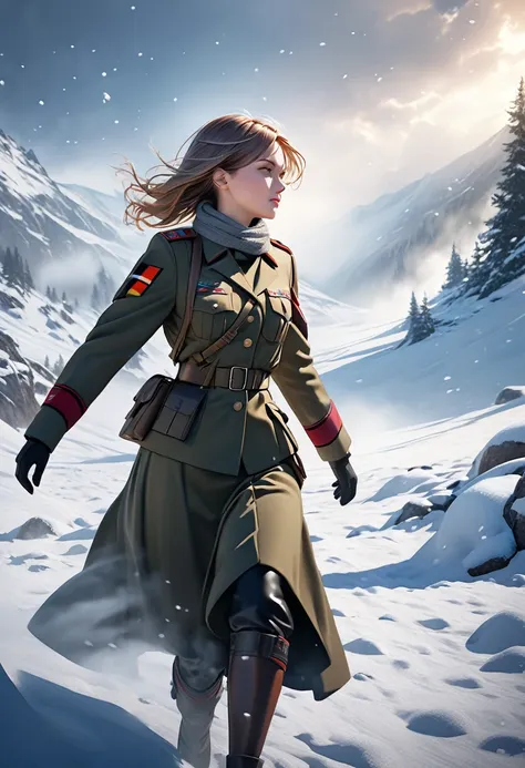 a girl soldier from the former german army, walking alone through a snowy battlefield, ultra detailed, 8k, hyper realistic, cinematic lighting, volumetric fog, dramatic, stunning winter landscape, snowflakes dancing beautifully, fantasy, photorealistic, ph...