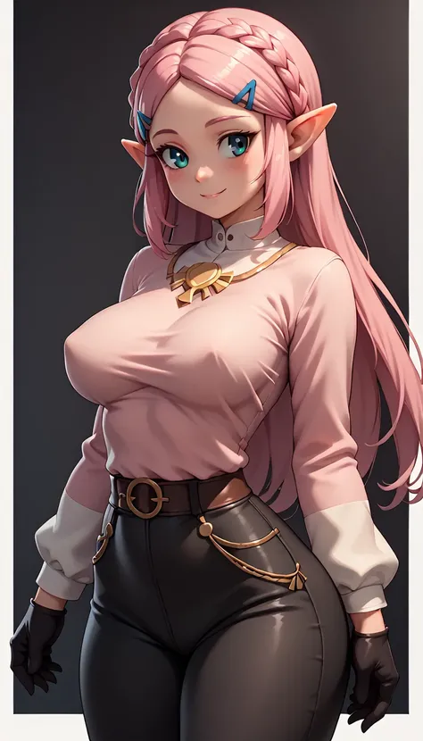 High resolution, Very detailed, perfect lighting, beautiful detailed eyes, ((masterpiece,Best Quality)), absurdities, alone, princess zelda, by the width, crown braid, Hair clip, pointy ears, pink shirt, long sleeves, Gloves without fingers, black gloves, ...