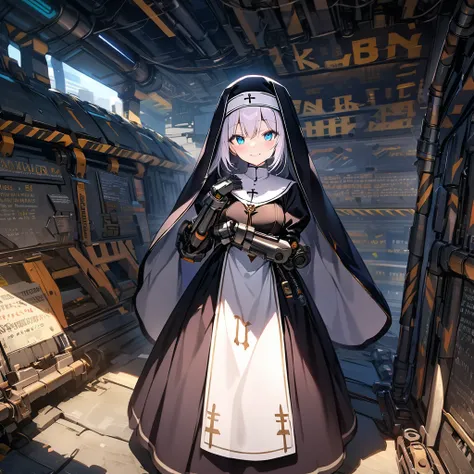 Smiling nun with many mechanical arms, underground shelter, detailed background, detailed writing, 4k, UHD, absurd, ultra quality, masterpiece,