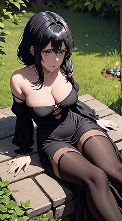 Long black hair,black coloured princess dress, massive sized , lying straight down to the ground,lying on the garden, thigh legs,blue colour eyes, ultra realistic detailed shiny blue eyes, beautiful and perfect face, sunlight and garden background, Violet ...