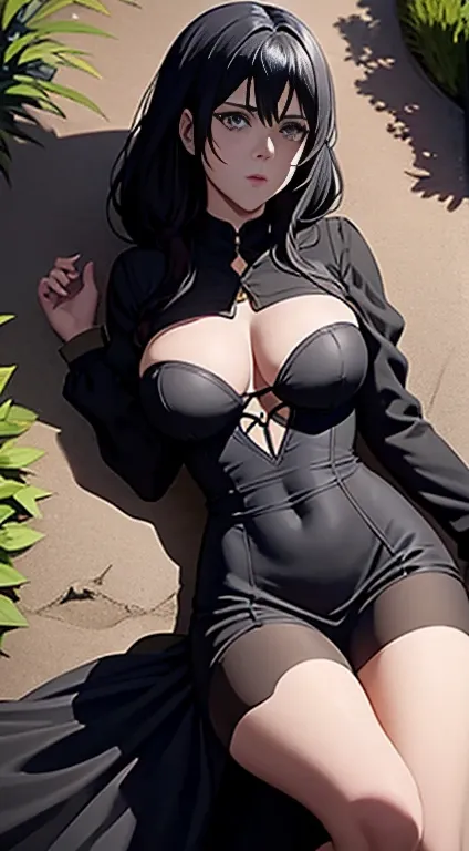 Long black hair,black coloured princess dress, massive sized , lying straight down to the ground,lying on the garden, thigh legs,blue colour eyes, ultra realistic detailed shiny blue eyes, beautiful and perfect face, sunlight and garden background, Violet ...