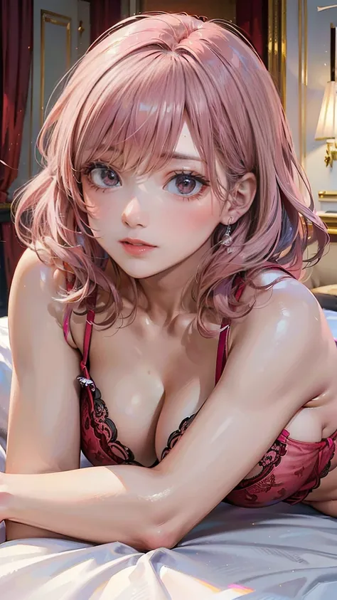 ((Highest quality, 8k, masterpiece :1.3)), (Sharp focus :1.2, Beautiful woman with perfect figure :1.4, Slim Abs), ((Big Breasts, Emphasize cleavage:1.2)), (Photorealistic:1.4), (realistic:1.4), (Pink Hair:1.5), Highly detailed face and skin texture, Fine ...