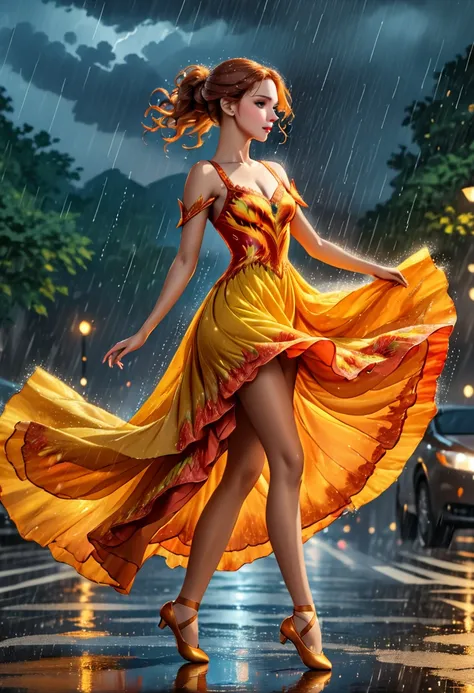 a portrait of female classical ballet prima ballerina dancing in the rain, a full body picture ((anatomically correct: 1.5)) of a exquisite beautiful female dancer wearing silk evening dress, intricate dress dynamic hair color, dynamic hair style, dynamic ...