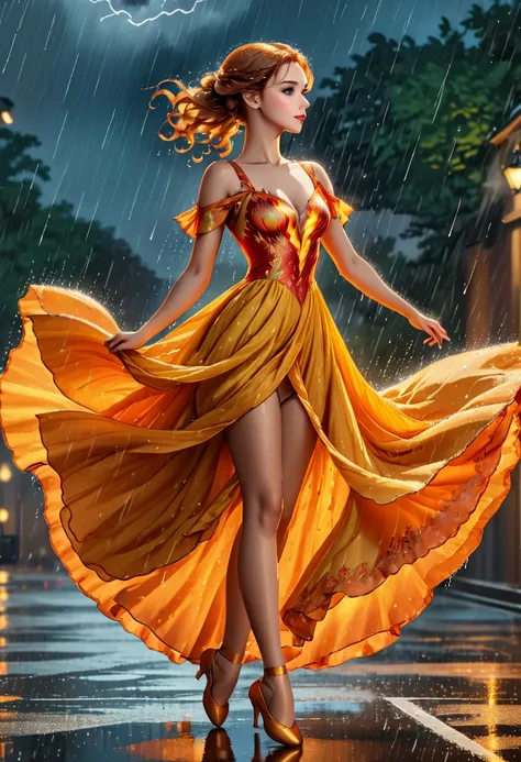 a portrait of female classical ballet prima ballerina dancing in the rain, a full body picture ((anatomically correct: 1.5)) of a exquisite beautiful female dancer wearing silk evening dress, intricate dress dynamic hair color, dynamic hair style, dynamic ...